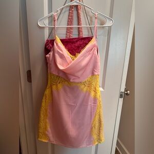 Pink and Yellow Lace Mini Dress